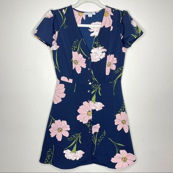 JustFab || pink floral navy fit and flare dress‎ - Picture 1 of 10